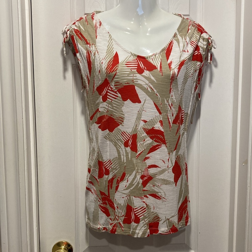 Chico's Coral White Taupe V-Neck Ruched Bow Short Sleeve Capped T-Shirt - Sz 0